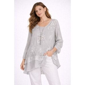 Tempo Paris Silk Tunic Gray Embroidered Lagenlook Italy Sheer Overlay Medium